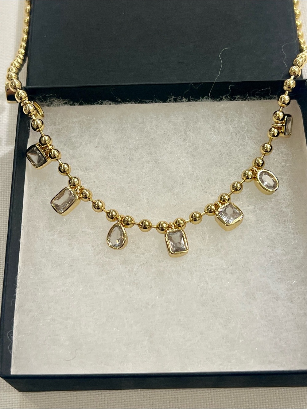 Gold Tone Beaded 16”-18” Necklace With Clear Stones Pendants - Women's Jewelry